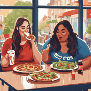 Gewichtsabnahme durch Psyche. Auf dem Bild sind zwei Frauen zu sehen. Eine von Ihnen hat einen Salat vor sich stehen, die andere isst ein Pizza.