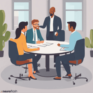 Konfliktgespräche mit Mitarbeitern führen. Auf dem Bild ist eine Führungskraft im Stehen zu sehen, die sich mit 3 Mitarbeitenden unterhält, die an einem runden Tisch sitzen.