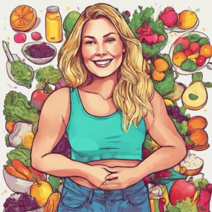 Vorteile eines Online Abnehm Coachs: Auf der Illustration ist eine Frau abgebildet die vor einer Tapete mit vielen gesunden Lebensmitteln steht.