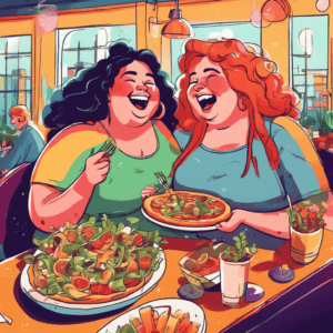 Abnehm Coach werden: Auf der Illustration sind zwei Frauen abgebildet, die lachend ihre Pizza verspeisen.