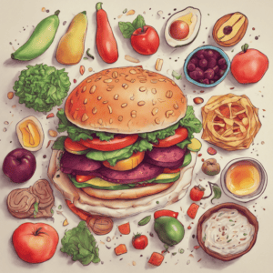 Abnehmcoach: Auf der Illustration sind Obst und Gemüse zu sehen. In der Mitte ein dicker veganer Hamburger mit 5 Lagen Gemüse