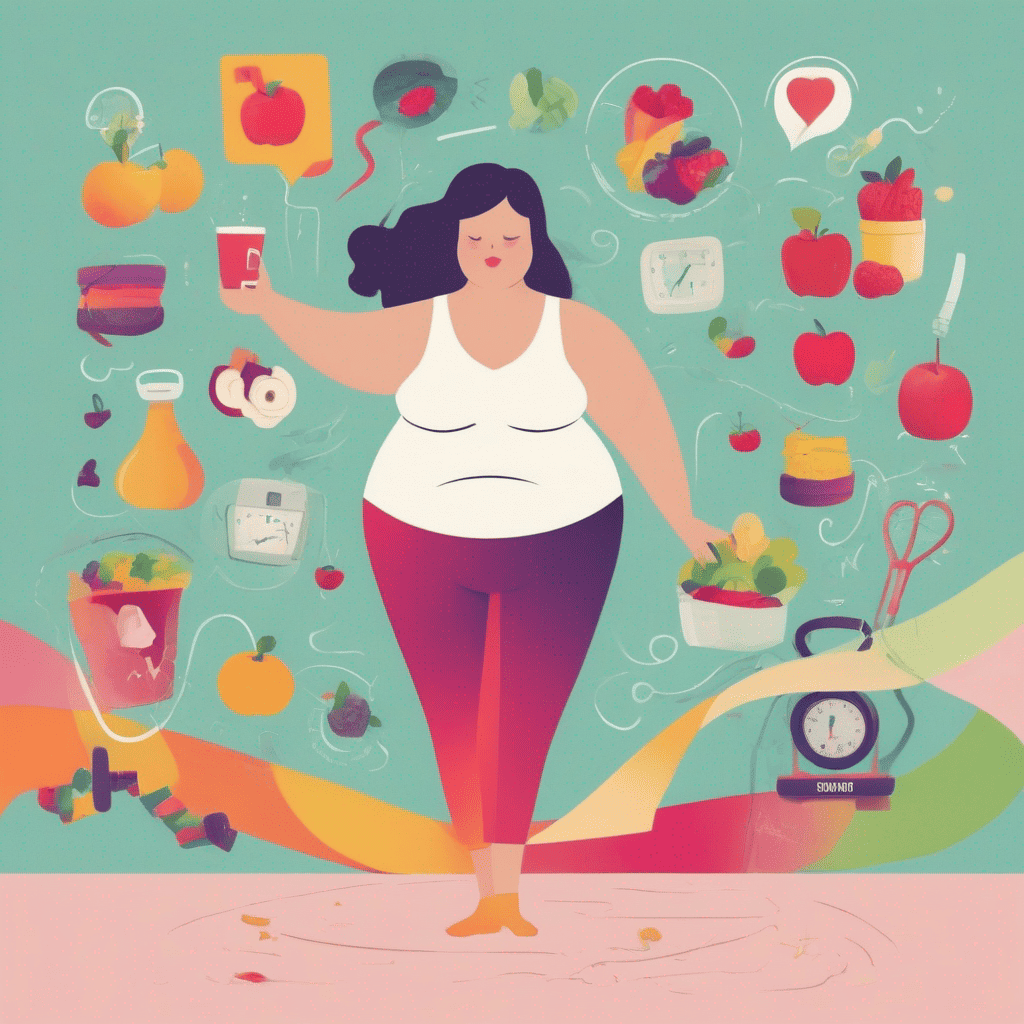 Abnehmcoaching: Die Illustration zeigt eine übergewichtige Frau. Um sie herum schweben gesunde Lebensmittel.