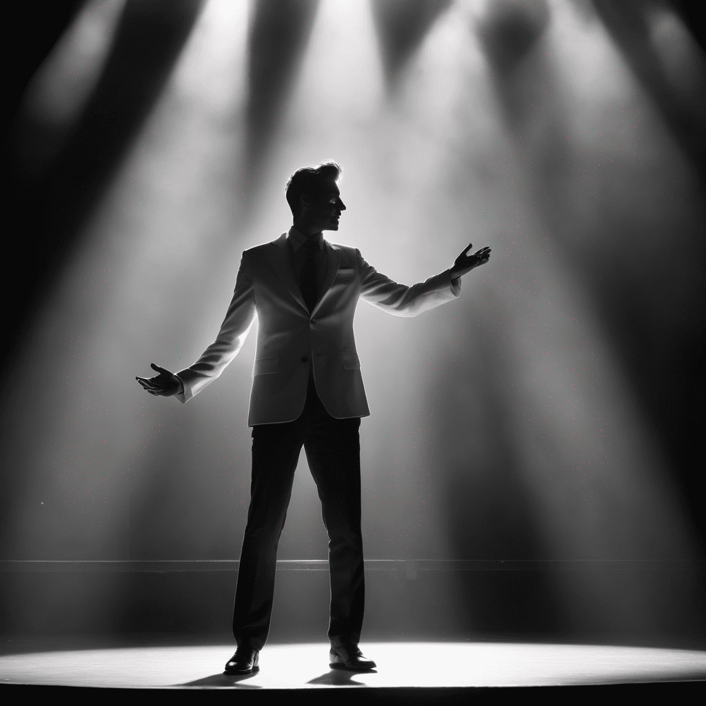 Angst, vor Publikum zu sprechen. Ein schwarz weißes Foto zeigt einen Mann im Rampenlicht auf einer Bühne. Er genießt die Aufmerksamkeit