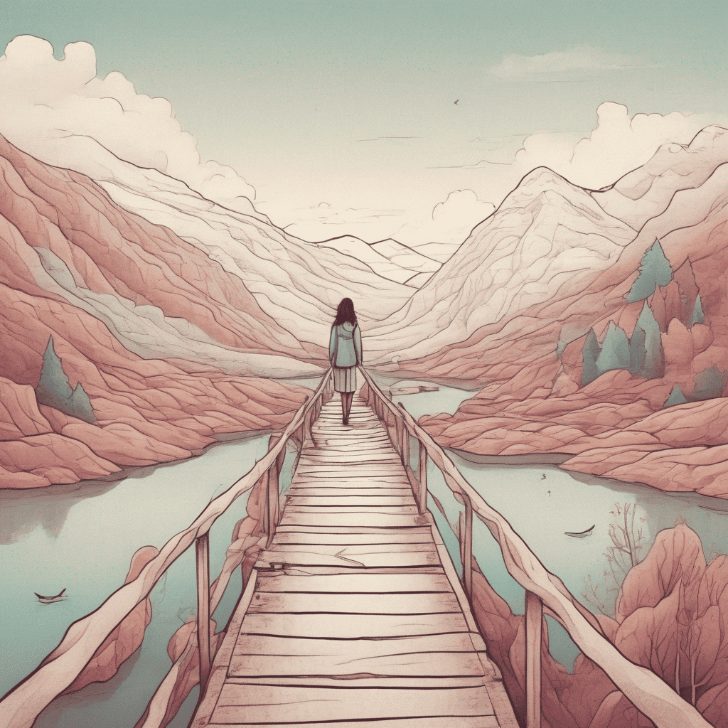 Aufmerksamkeitstraining: Die Illustration in warmen Pastelltönen zeigt eine schmale Brücke aus Holz in einer schönen Berglandschaft auf der ein junges Mädchen steht.