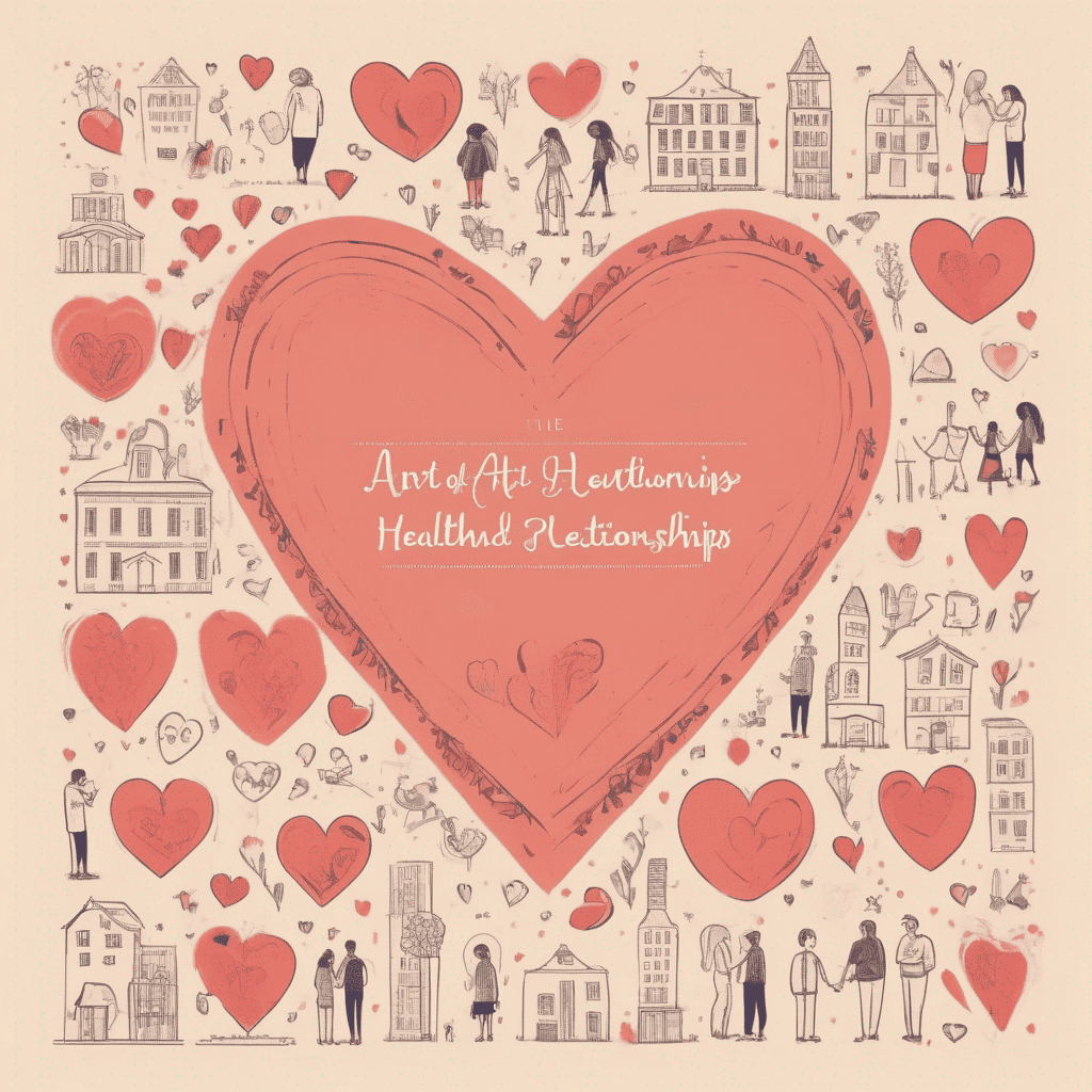 Beziehungsaufbau Auf der Illustration ist in der Mitte ein großes rotes Herz zu sehen. Außen herum sind viele kleine Herzen, Menschen und Häuser abgebildet.