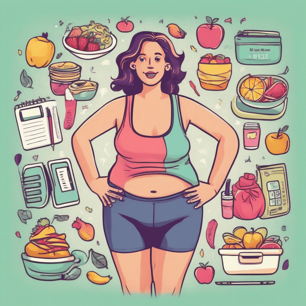 Mit meinem Abnehmcoach gesund leben. Das Bild zeigt eine übergewichtige Frau in Sportkleidung. Um sie herum schweben gesunde Lebensmittel.