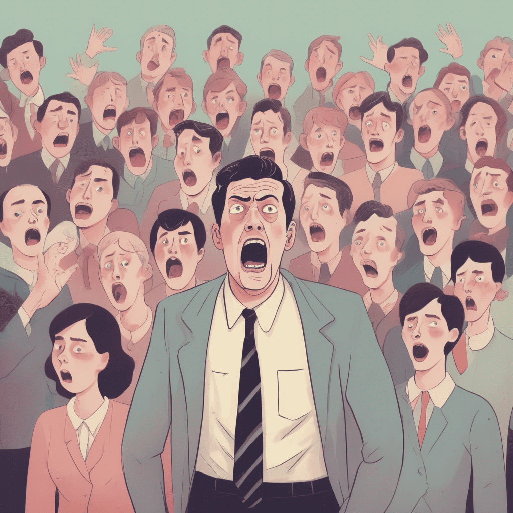 Überwinden der Angst vor Publikum: Strategien zur emotionellen Befreiung. Die Illustration zeigt eine Gruppe Menschen, die alle laut brüllen.