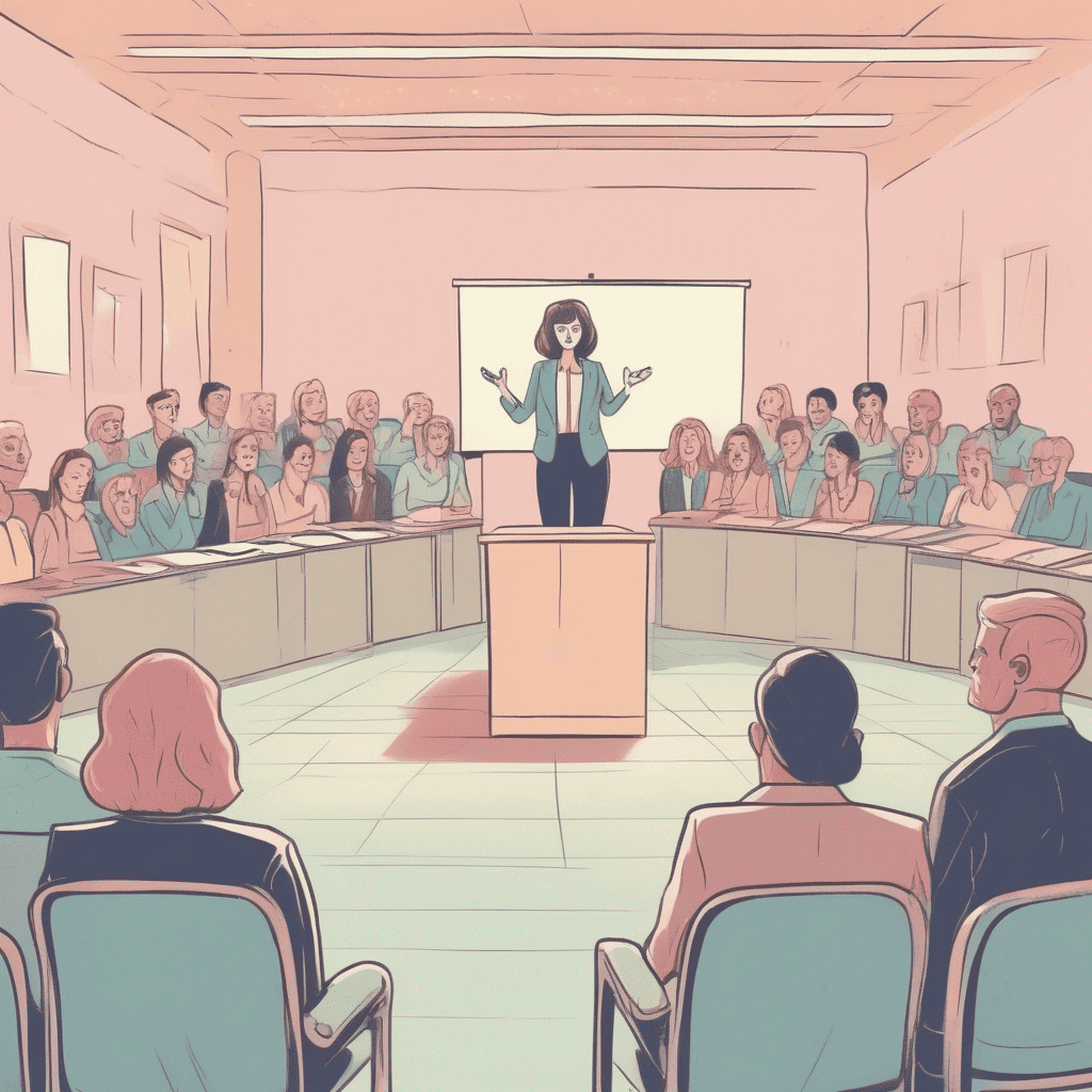 Überwinden Sie Ihre Präsentationsangst: Verstehen und Bewältigen der Angst vor Emotionen. Die Illustration zeigt eine Frau, die in einem Plenum steht und frei redet.