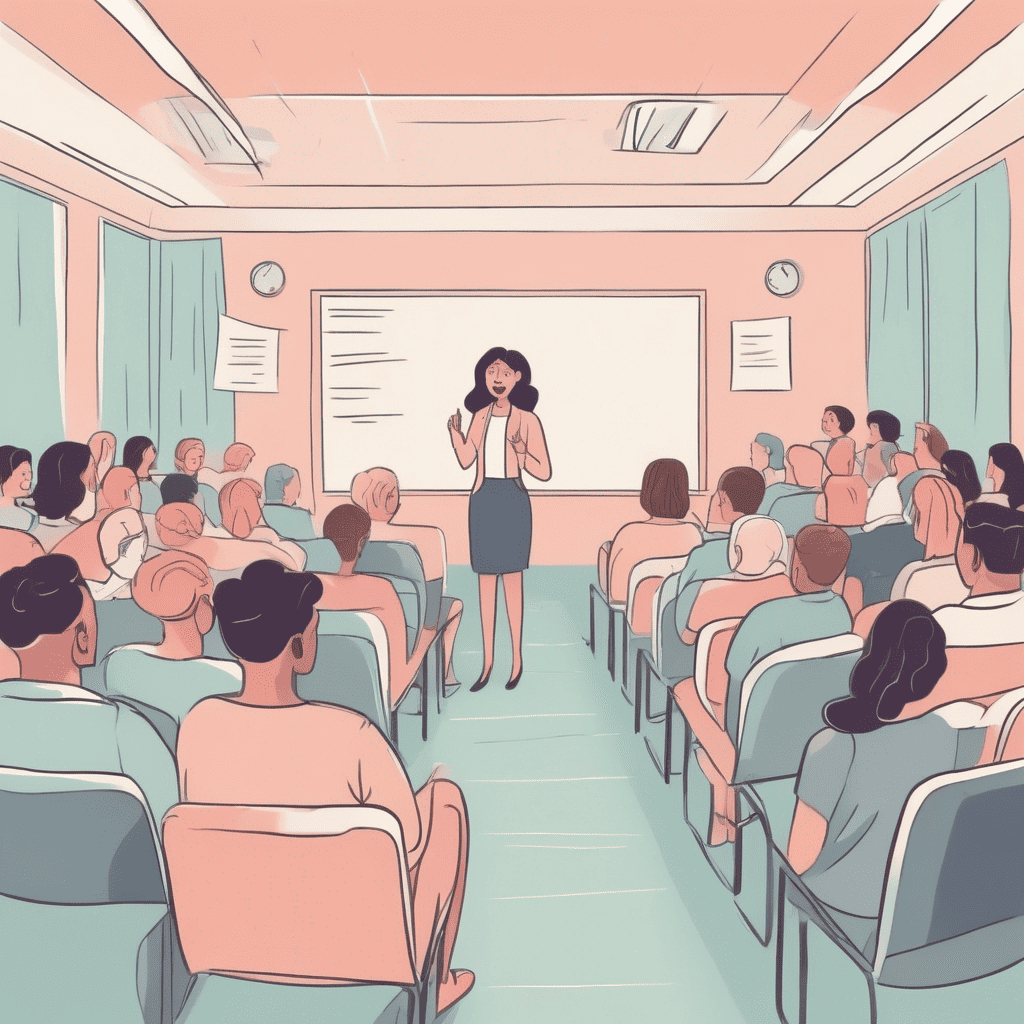 Die Psychologie der Redeangst. Auf der Illustration ist eine Frau abgebildet, die vor einem Publikum steht und einen Vortrag hält.