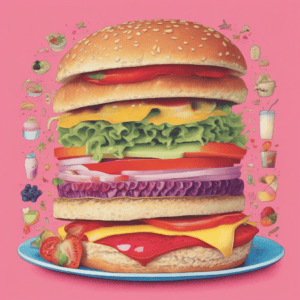 Ganzheitlicher Abnehm Coach werden - 99 Euro monatlich. auf der Illustration ist ein Hamburger mit ganz vielen gesunden Zutaten in fröhlichen Farben abgebildet.