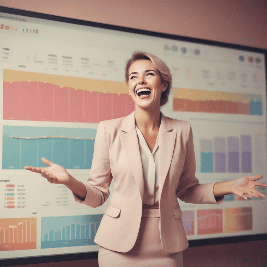 Emotionale Intelligenz beim freien Sprechen: Auf dem Foto ist eine Frau in einem Businesskostüm vor einer großen Tafel mit Charts zu sehen.