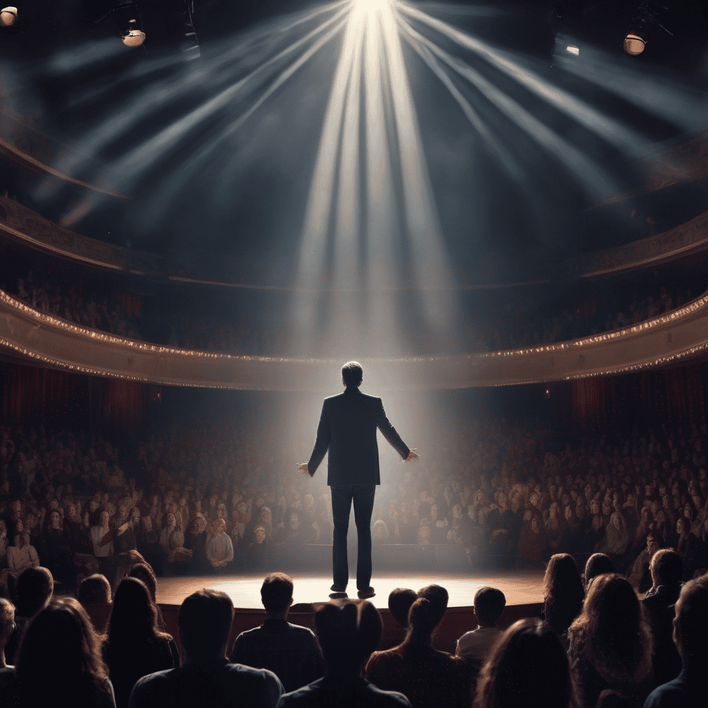 Frei reden - Emotionen zeigen: Auf dem Bild steht ein Mann im Scheinwerferlicht auf einer großen Bühne.