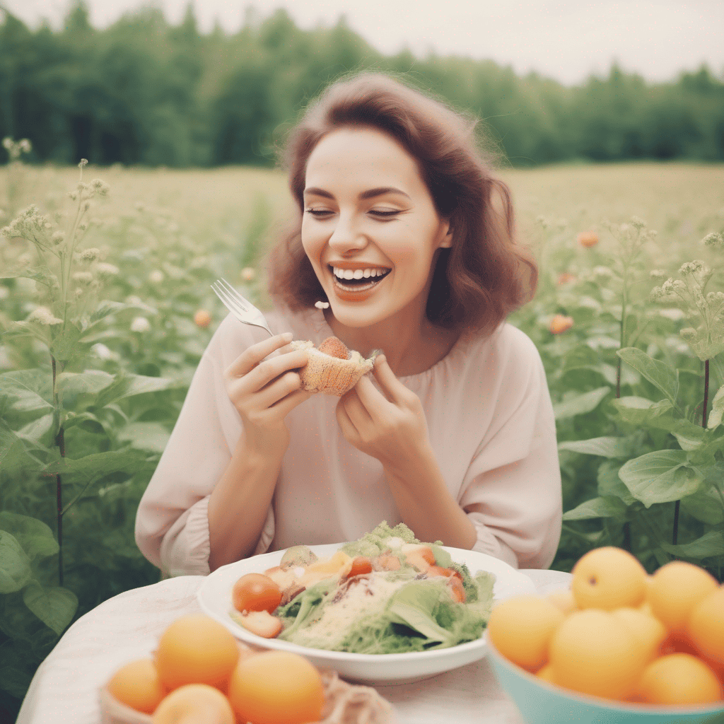 Gesundheitspsychologie verständlich für alle. Auf dem Bild ist eine Frau zu sehen, die in der Natur sitzt. Vor ihr steht ein gedeckter Tisch mit gesunden Lebensmitteln.